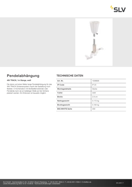 SLV 1006606 Pendelabhängung, 48V TRACK, 1 m Stange, weiß