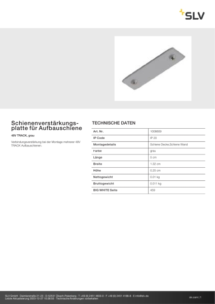 SLV 1006609 Schienenverstärkungsplatte für Aufbauschiene, 48V TRACK, grau