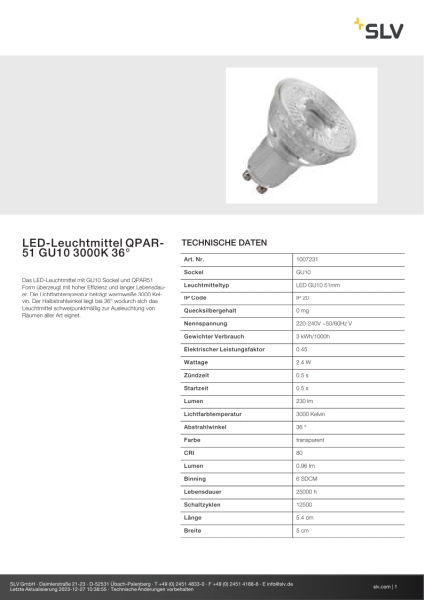 SLV 1007231 LED-Leuchtmittel QPAR51 GU10 3000 K 36°