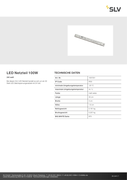 SLV 1007251 LED Netzteil 100 W, 24V weiß