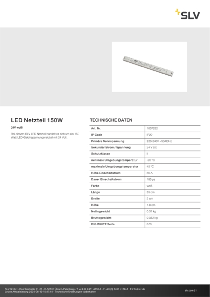 SLV 1007252 LED Netzteil 150 W, 24V weiß