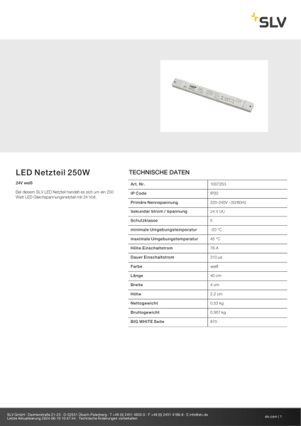 SLV 1007253 LED Netzteil 250 W, 24V weiß