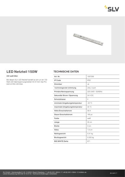 SLV 1007256 LED Netzteil 150 W, 24V weiß DALI