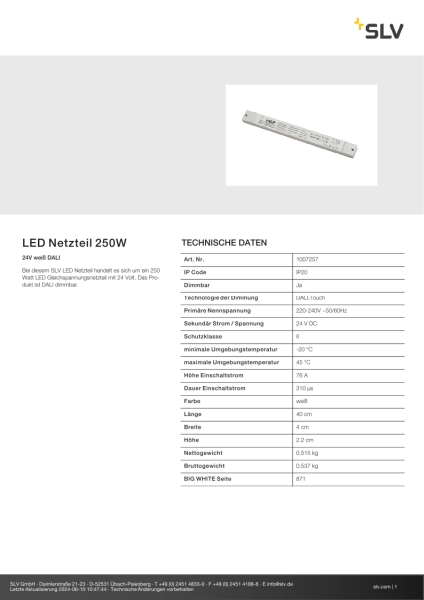 SLV 1007257 LED Netzteil 250 W, 24V weiß DALI