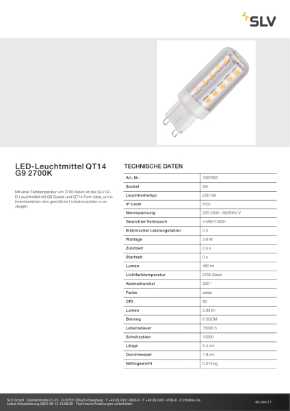 SLV 1007455 LED-Leuchtmittel QT14 G9 2700 K