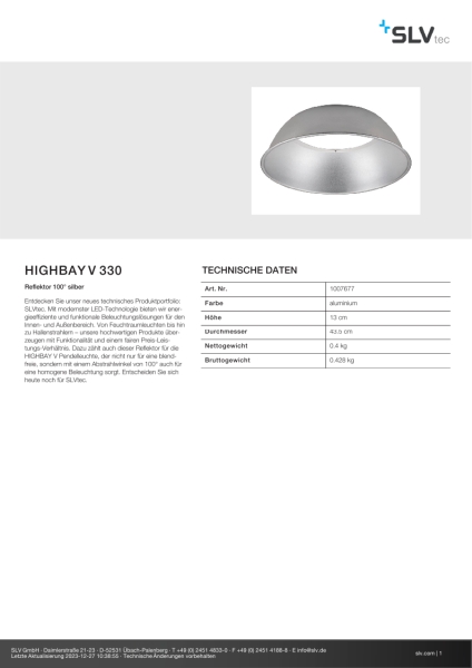 SLV 1007677 HIGHBAY V 330, Reflektor 100° silber
