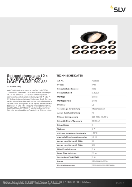 SLV 1008066 Set bestehend aus 12 x UNIVERSAL DOWNLIGHT PHASE IP20 38°, starr/schwenkbar, ohne Abdeckung