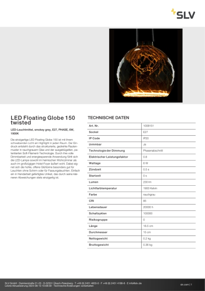 SLV 1008151 LED Floating Globe 150 twisted, LED-Leuchtmittel, smokey grey, E27, PHASE, 6 W, 1900 K