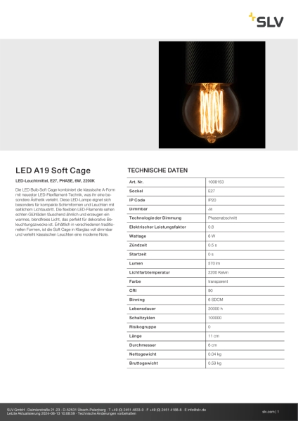 SLV 1008153 LED A19 Soft Cage, LED-Leuchtmittel, E27, PHASE, 6 W, 2200 K