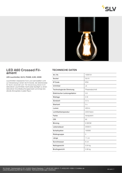 SLV 1008154 LED A60 Crossed Filament, LED-Leuchtmittel, GU10, PHASE, 5 W, 2200 K