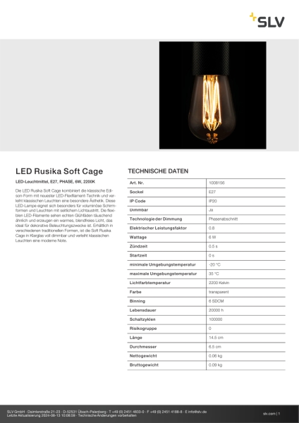 SLV 1008156 LED Rusika Soft Cage LED-Leuchtmittel E27 PHASE 6 W 2200 K