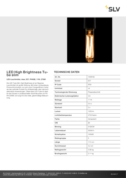 SLV 1008162 LED High Brightness Tube slim, LED-Leuchtmittel, clear, E27, PHASE, 11 W, 2700 K