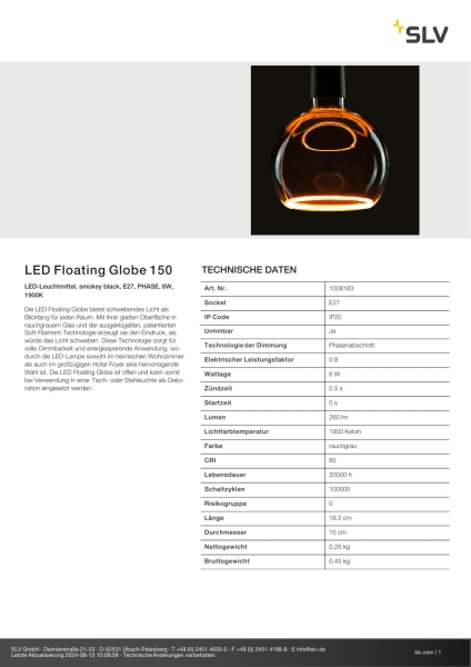 SLV 1008163 LED Floating Globe 150, LED-Leuchtmittel, smokey black, E27, PHASE, 6 W, 1900 K