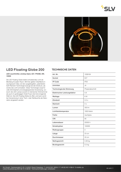 SLV 1008164 LED Floating Globe 200, LED-Leuchtmittel, smokey black, E27, PHASE, 6 W, 1900 K