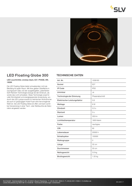 SLV 1008165 LED Floating Globe 300, LED-Leuchtmittel, smokey black, E27, PHASE, 8 W, 1900 K