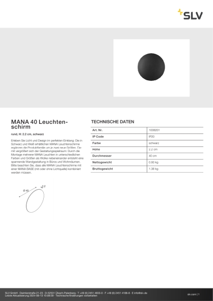 SLV 1008201 MANA 40 Leuchtenschirm, rund, H: 2.2 cm, schwarz