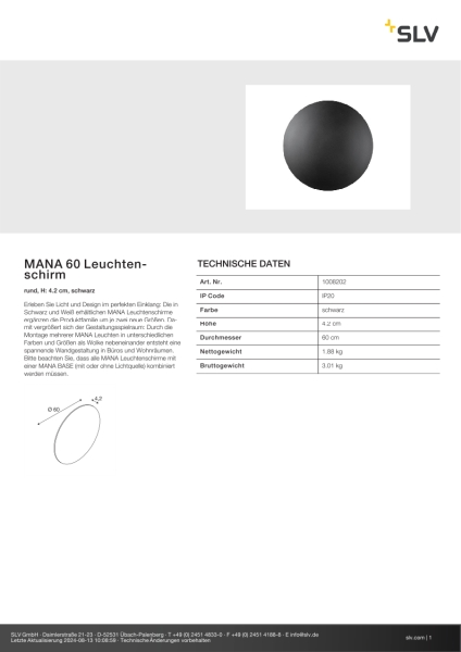 SLV 1008202 MANA 60 Leuchtenschirm, rund, H: 4.2 cm, schwarz
