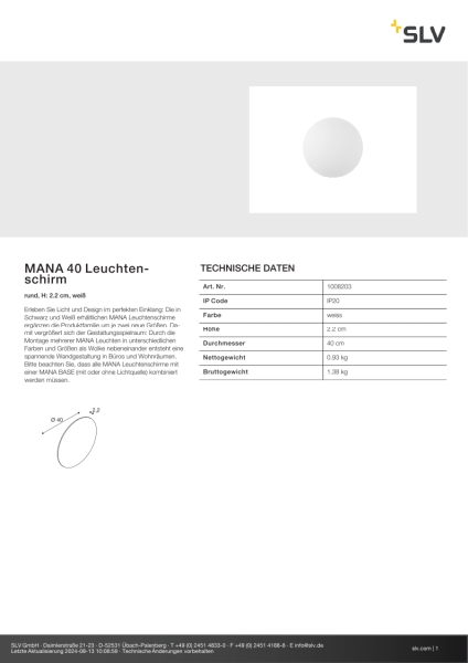 SLV 1008203 MANA 40 Leuchtenschirm, rund, H: 2.2 cm, weiß