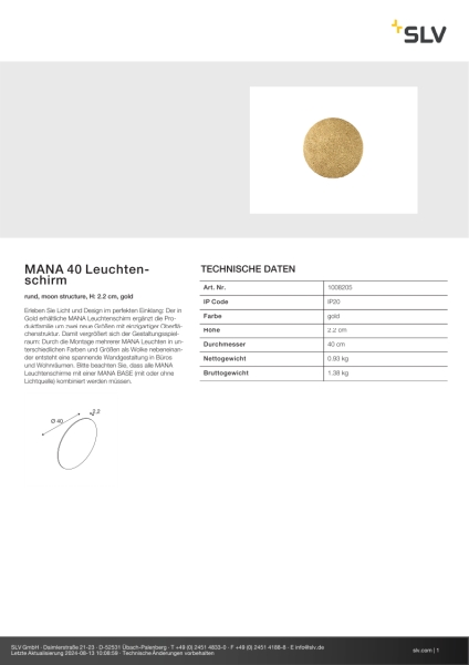 SLV 1008205 MANA 40 Leuchtenschirm, rund, moon structure, H: 2.2 cm, gold