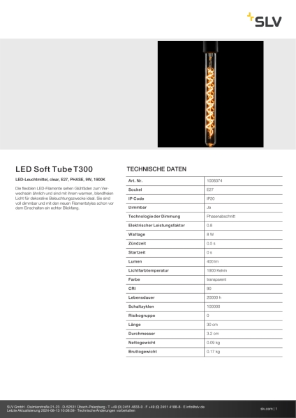 SLV 1008374 LED Soft Tube T300, LED-Leuchtmittel, clear, E27, PHASE, 9 W, 1900 K