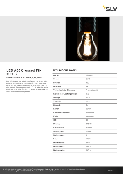 SLV 1008375 LED A60 Crossed Filament, LED-Leuchtmittel, GU10, PHASE, 6,5 W, 2700 K