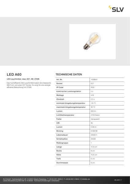 SLV 1008641 LED A60, LED-Leuchtmittel, clear filament high efficiency, E27, 4 W, 2700 K