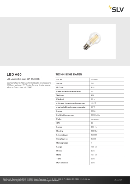 SLV 1008642 LED A60, LED-Leuchtmittel, clear filament high efficiency, E27, 4 W, 3000 K