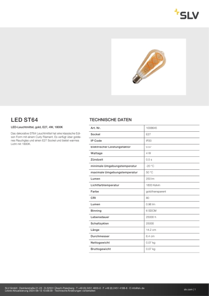 SLV 1008645 LED ST64, LED-Leuchtmittel, gold curly filament, E27, 4 W, 1800 K