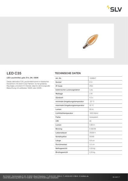 SLV 1008647 LED C35, LED-Leuchtmittel, gold curly filament, E14, 2 W, 1800 K