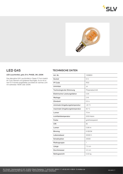 SLV 1008650 LED G45, LED-Leuchtmittel, gold curly filament, E14, PHASE, 2 W, 2200 K