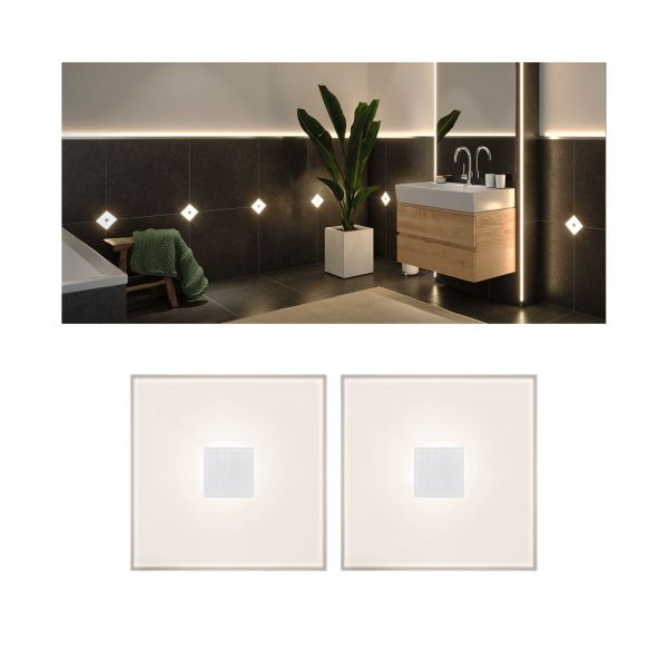 Paulmann 784.01 LumiTiles LED Fliesen Square 2er-Set IP44 100x10mm 2x20lm 230/12V 2x0,8W 2700K Weiß Kunststoff#Aluminium