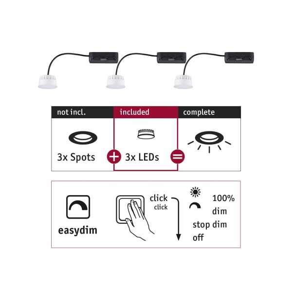 Paulmann 924.77 LED Modul Einbauleuchte Easy Dim Choose Coin 3er-Set rund 51mm Coin 3x6,5W 3x630lm 230V dimmbar 2700K Satin