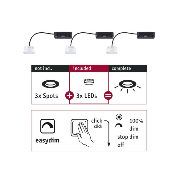 Paulmann 924.77 LED Modul Einbauleuchte Easy Dim Choose Coin 3 Stück rund 51mm Coin 3x6,5W 3x630lm 230V dimmbar 2700K Satin