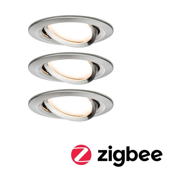 Paulmann 929.59 LED Einbauleuchte Smart Home Zigbee Nova Plus Coin Basisset schwenkbarar rund 84mm 50° Coin 3x6W 3x470lm 230V dimmbar 2700K Eisen gebürstet