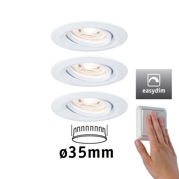 Paulmann 929.71 LED Einbauleuchte Easy Dim Nova Mini Plus Coin Basisset schwenkbar rund 66mm 15° Coin 3x4,2W 3x300lm 230V dimmbar 2700K Weiß matt