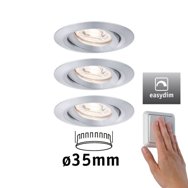 Paulmann 929.75 LED Einbauleuchte Easy Dim Nova Mini Plus Coin Basisset schwenkbar rund 66mm 15° Coin 3x4,2W 3x300lm 230V dimmbar 2700K Alu