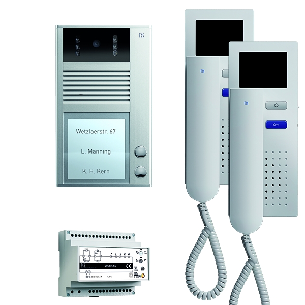 TCS PVC1420-0010 video:pack AP für 2 Wohneinheiten mit Außenstation AVC 2 Klingeltasten + 2x Video Türtelefon IVH3222 + Steuergerät VBVS05