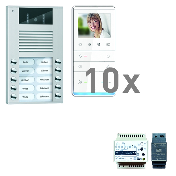 TCS PVE16100-0010 video:pack AP für 10 Wohneinheiten mit Außenstation AVE 10 Klingeltasten + 10x Video Freisprecher IVW5111 + Steuergerät VBVS05