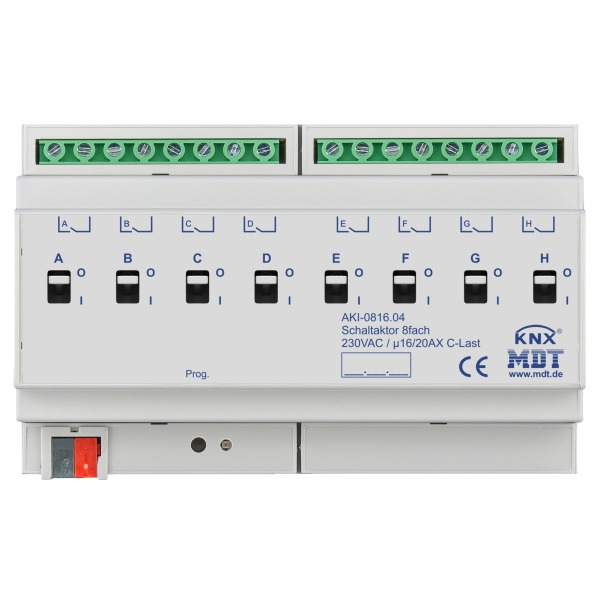 MDT AKI-0816.04 KNX Schaltaktor 8-fach 8TE REG 16/20 A 230 V AC C-Last Industrie 200 µF