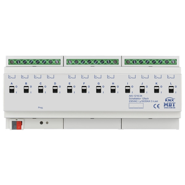 MDT AKI-1216.04 KNX Schaltaktor 12-fach 12TE REG 16/20 A 230 V AC C-Last Industrie 200 µF