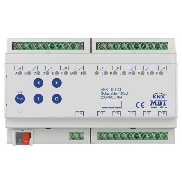 MDT AKK-1616.03 KNX Schaltaktor 16-fach 8TE REG 16 A 230 V AC Kompakt 70 µF 10 EVG