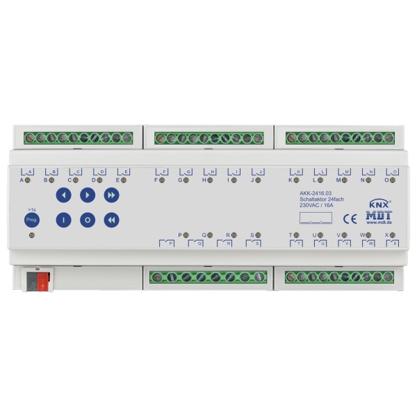 MDT AKK-2416.03 KNX Schaltaktor 24-fach 12TE REG 16 A 230 V AC Kompakt 70 µF 10 EVG