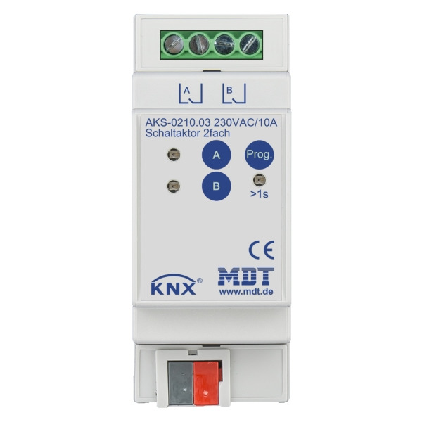 MDT AKS-0210.03 KNX Schaltaktor 2-fach 2TE REG 10 A 230 V AC C-Last Standard 140 µF