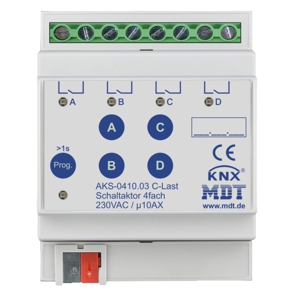 MDT AKS-0410.03 KNX Schaltaktor 4-fach 4TE REG 10 A 230 V AC C-Last Standard 140 µF