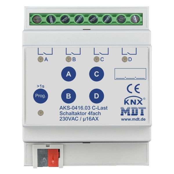 MDT AKS-0416.03 KNX Schaltaktor 4-fach 4TE REG 16 A 230 V AC C-Last Standard 140 µF