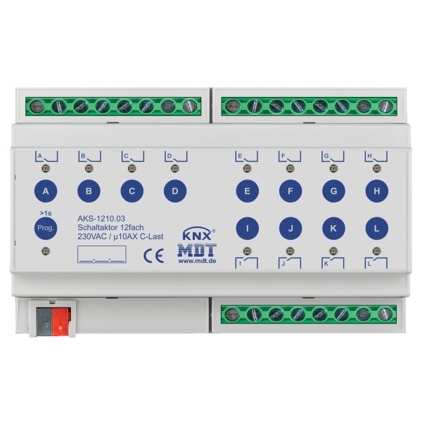 MDT AKS-1210.03 KNX Schaltaktor 12-fach 8TE REG 10 A 230 V AC C-Last Standard 140 µF