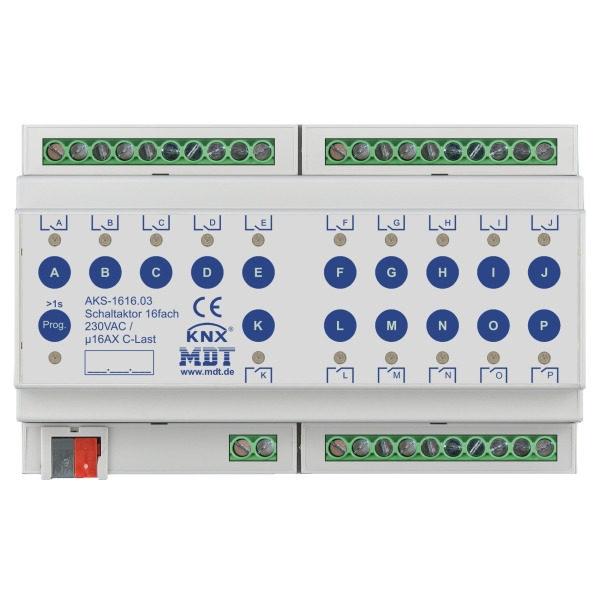 MDT AKS-1616.03 KNX Schaltaktor 16-fach 8TE REG 16 A 230 V AC C-Last Standard 140 µF