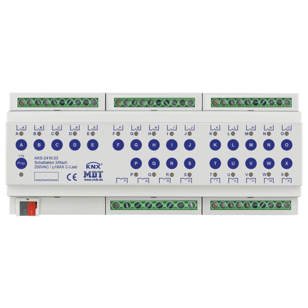 MDT AKS-2416.03 KNX Schaltaktor 24-fach 12TE REG 16 A 230 V AC C-Last Standard 140 µF