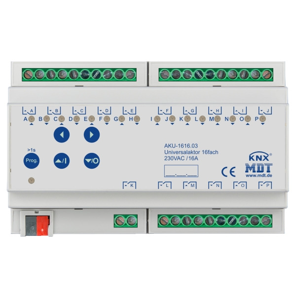 MDT AKU-1616.03 KNX Universalaktor 16-fach 8TE REG 16 A 230 V AC 100 µF 15 EVG