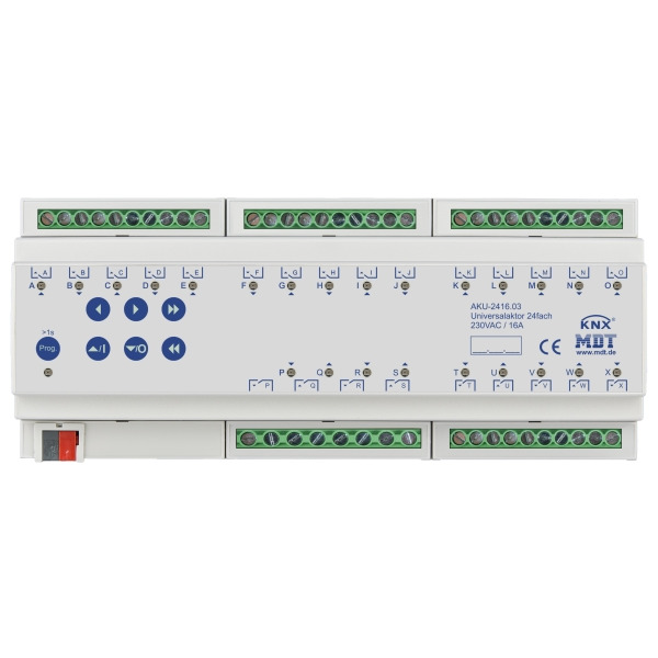 MDT AKU-2416.03 KNX Universalaktor 24-fach 12TE REG 16 A 230 V AC 100 µF 15 EVG